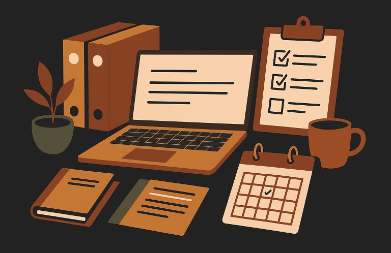 Vulpes Vision - Planung Darstellung Fachbereich Planung: Laptop, Ordner, Tasse etc. im Vulpes Vision Stil