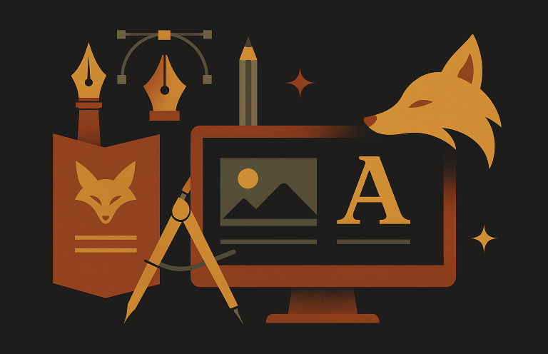 Vulpes Vision - Gestaltung Darstellung Fachbereich Gestaltung: PC, Zirkel, Fuchs und Wolfsicon etc. im Vulpes Vision Stil